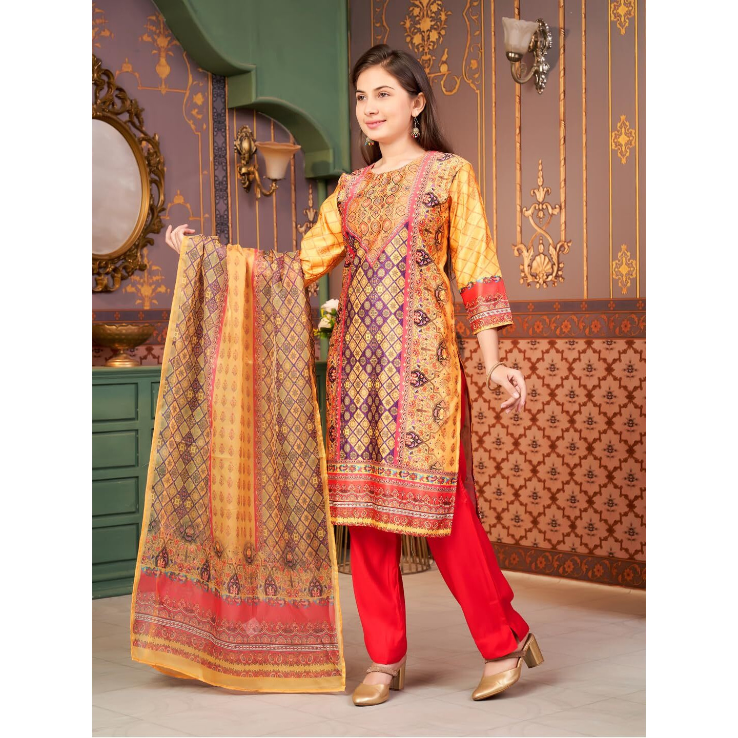 Aarika Girls Ethnic Wear Yellow-Dark Pink Colour Abstract Embalished Satin Kurti Pant Set-8-15 Years (Kp-Tr-K-1040)