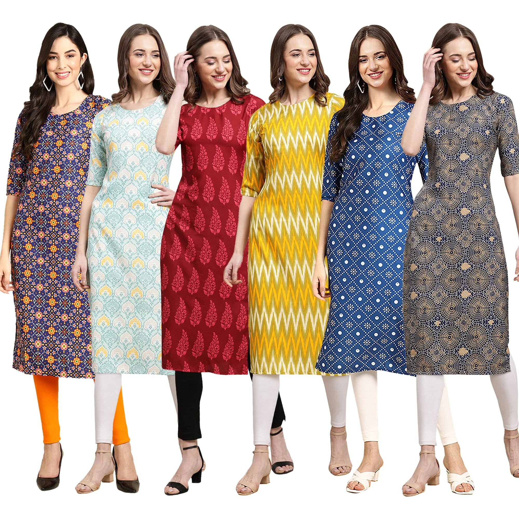 Pinkmint Women's Crepe Digital Print Straight Kurta Pack Of 6 [Cr-369-343-337-329-353-341-L]