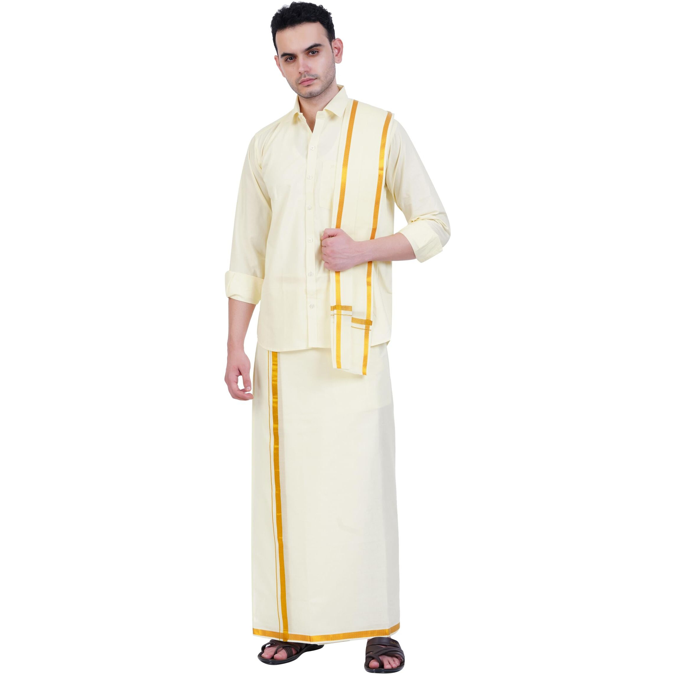 Prakasam Cotton Mens Cotton Wedding Set- A Pure Cotton Full Sleeve White Shirt + A Pure Cotton 8 Yard Dhoti (1.28X3.70 Mtrs) + Single White Colour Towel