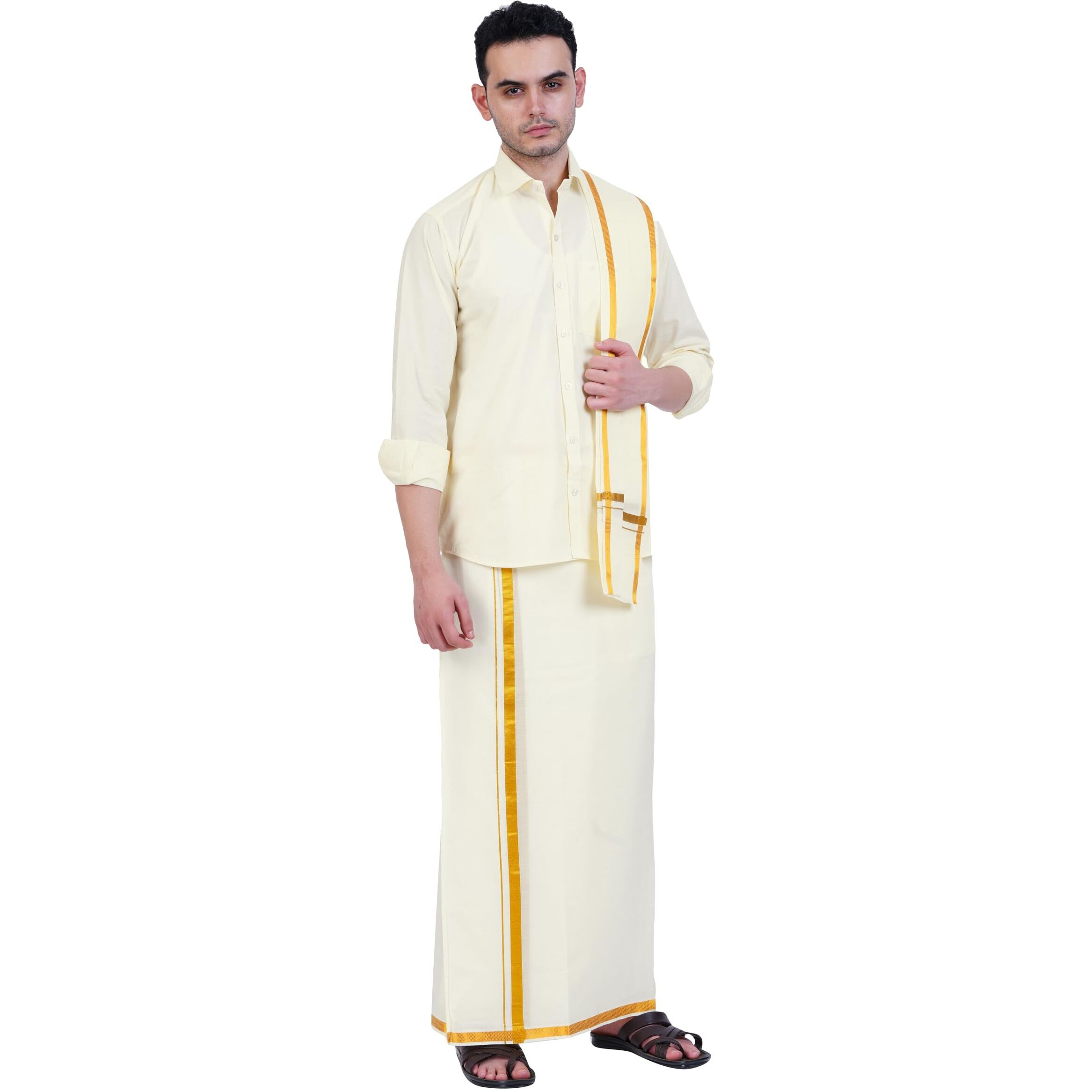 Prakasam Cotton Mens Cotton Wedding Set- A Pure Cotton Full Sleeve White Shirt + A Pure Cotton 8 Yard Dhoti (1.28X3.70 Mtrs) + Single White Colour Towel