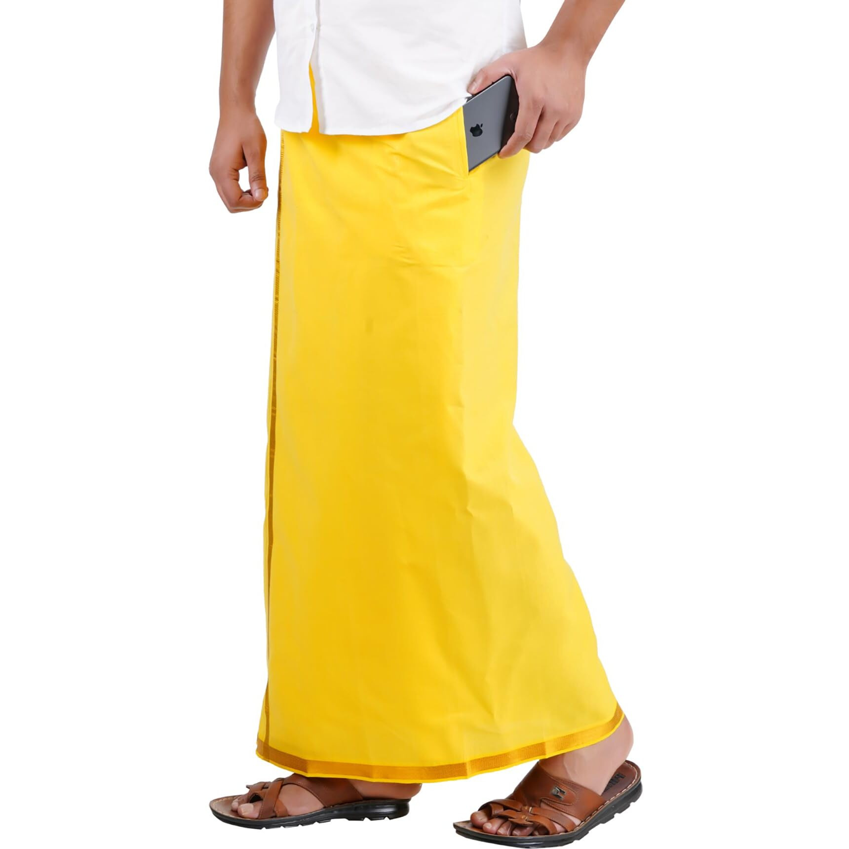 Prakasam Cotton Mens Yellow Colour Jari Cotton Flexi Size Welcro Pocket Dhoti (Jari-Yellow) - Large