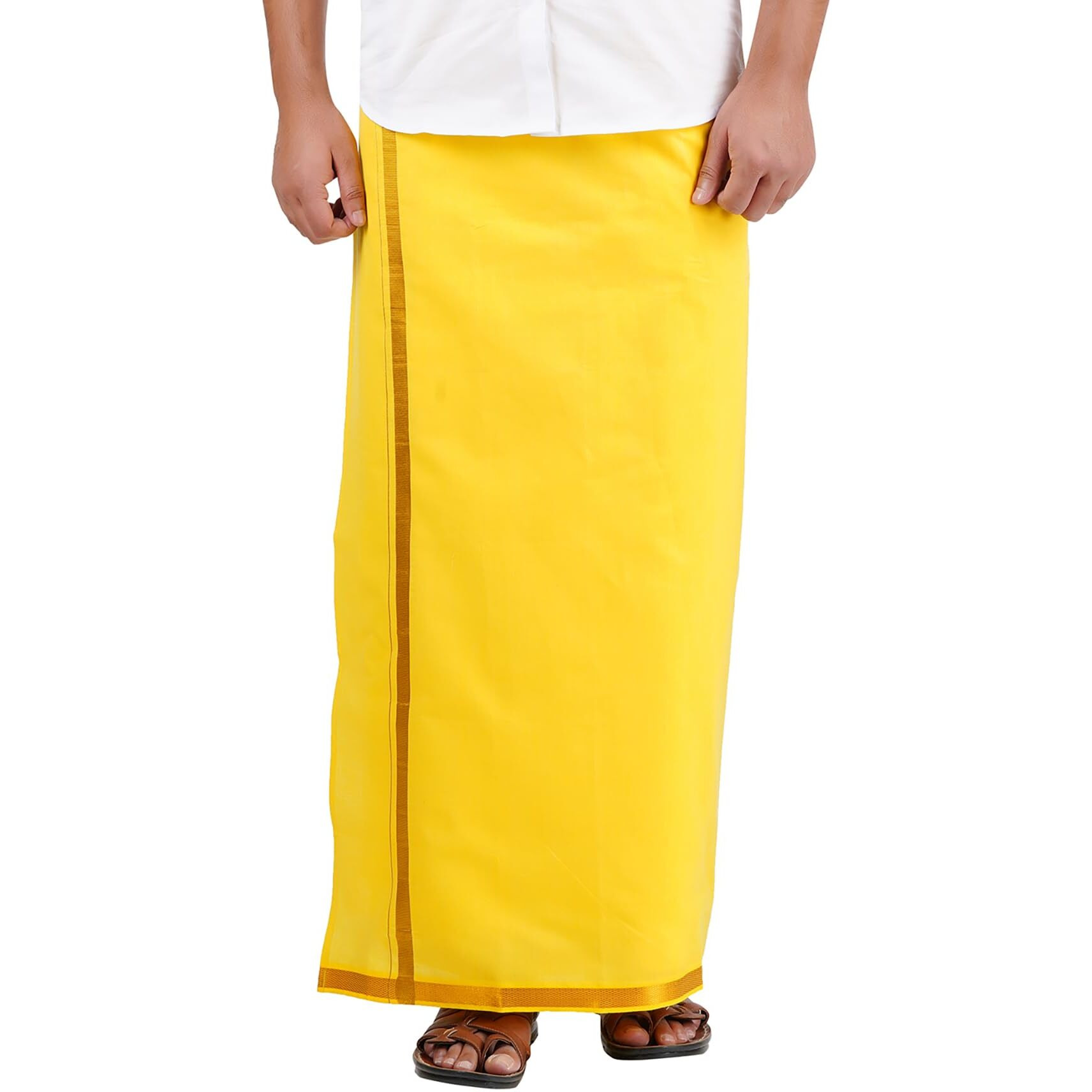 Prakasam Cotton Mens Yellow Colour Jari Cotton Flexi Size Welcro Pocket Dhoti (Jari-Yellow) - Large