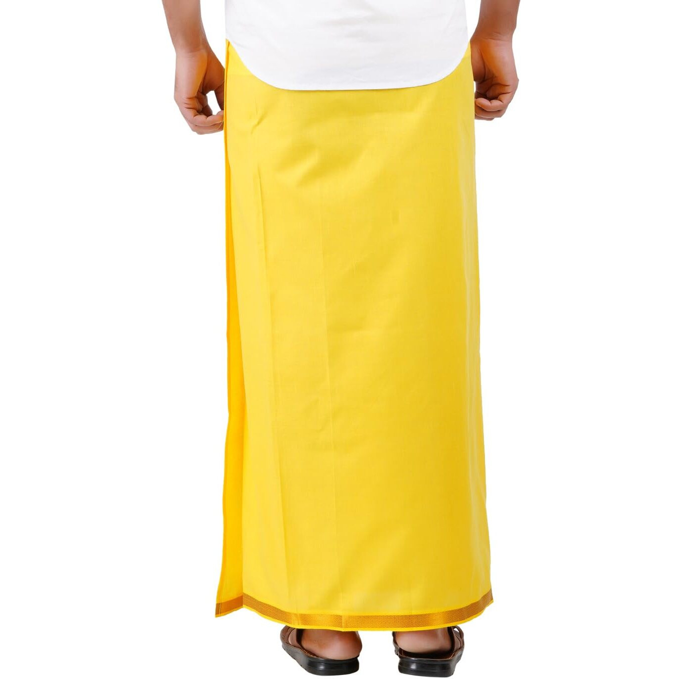 Prakasam Cotton Mens Yellow Colour Jari Cotton Flexi Size Welcro Pocket Dhoti (Jari-Yellow) - Large