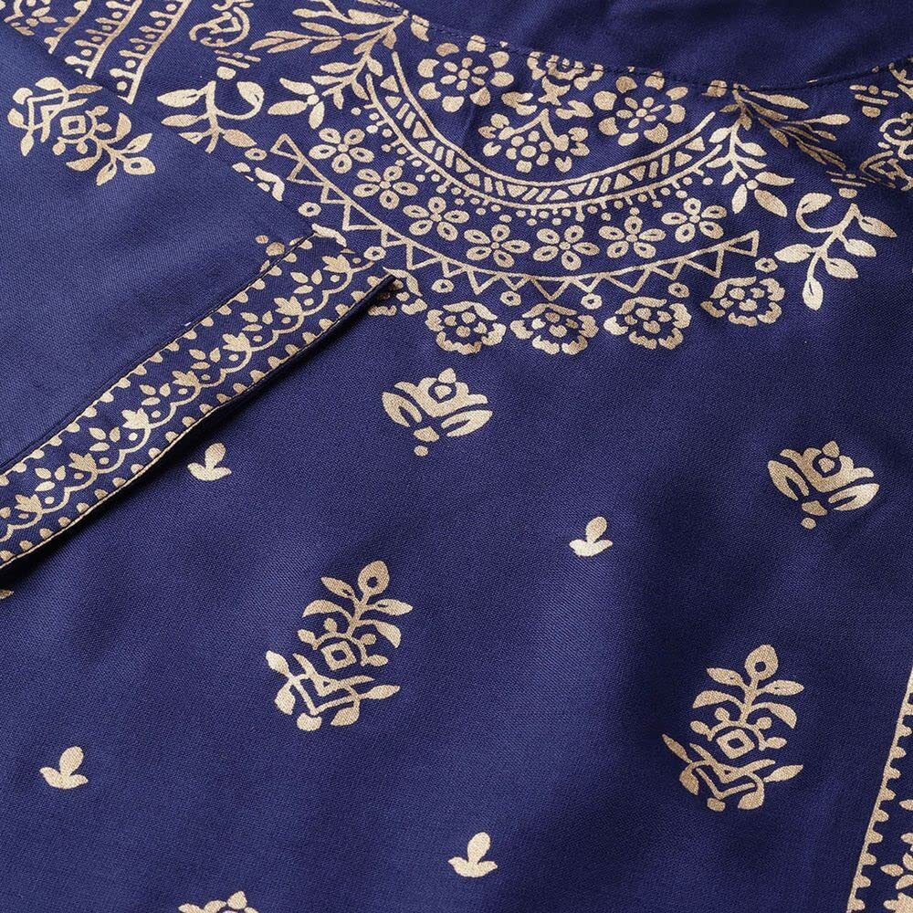 Anubhutee Women's Rayon Navy Blue Ethnic Motifs Printed Straight Kurta Suit Set With Palazzo