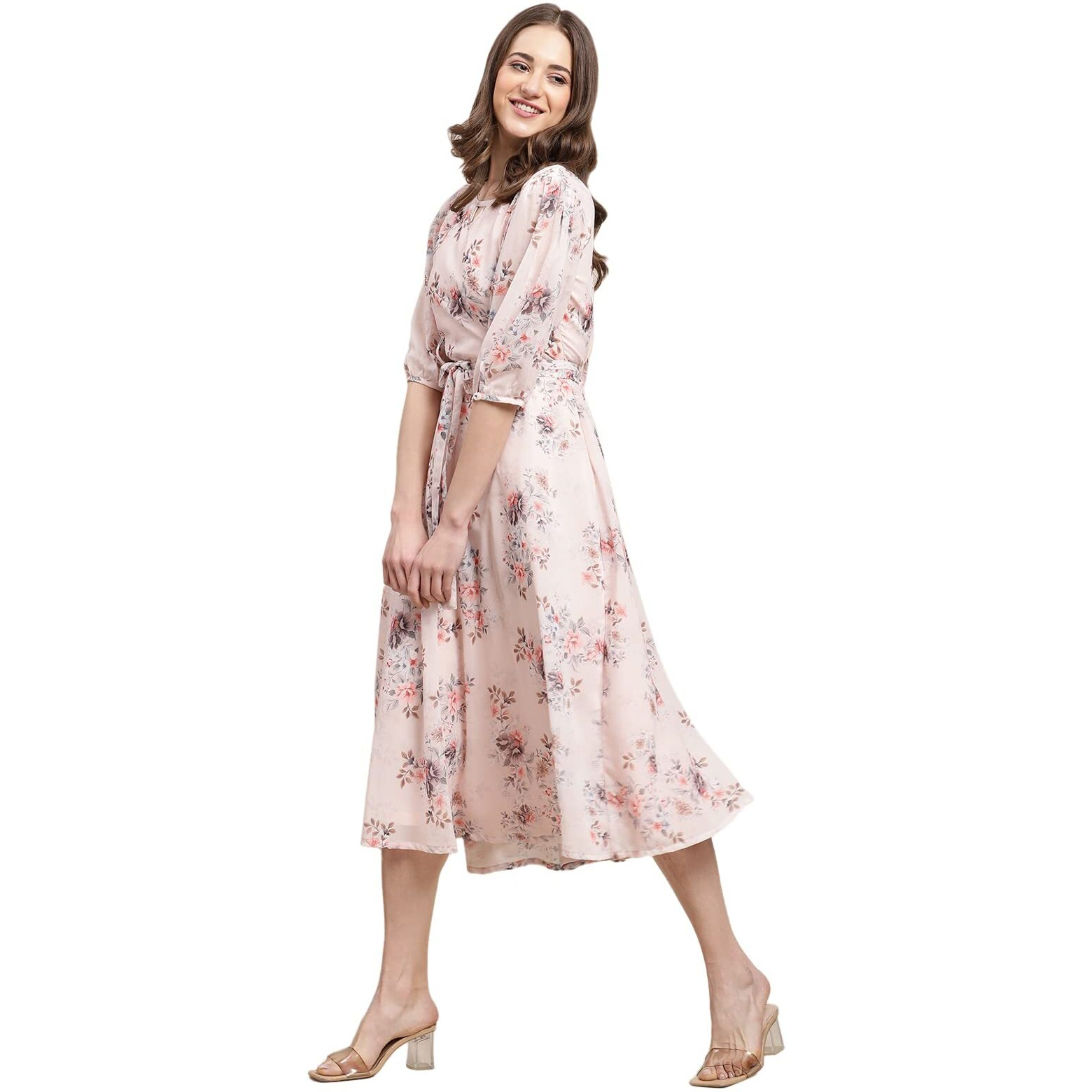 Preneum Women's Maxi Fit & Flare Latest Style Print Georgette Regular Sleeves Casual Maxi Dress || Summer Dress Festival & Occasion, Baby Pink, Xl
