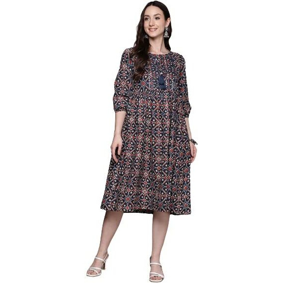 Anubhutee Women's Cotton A-Line Knee-Length Casual Dress (Abwkas23365_Bk_M_Navy Blue