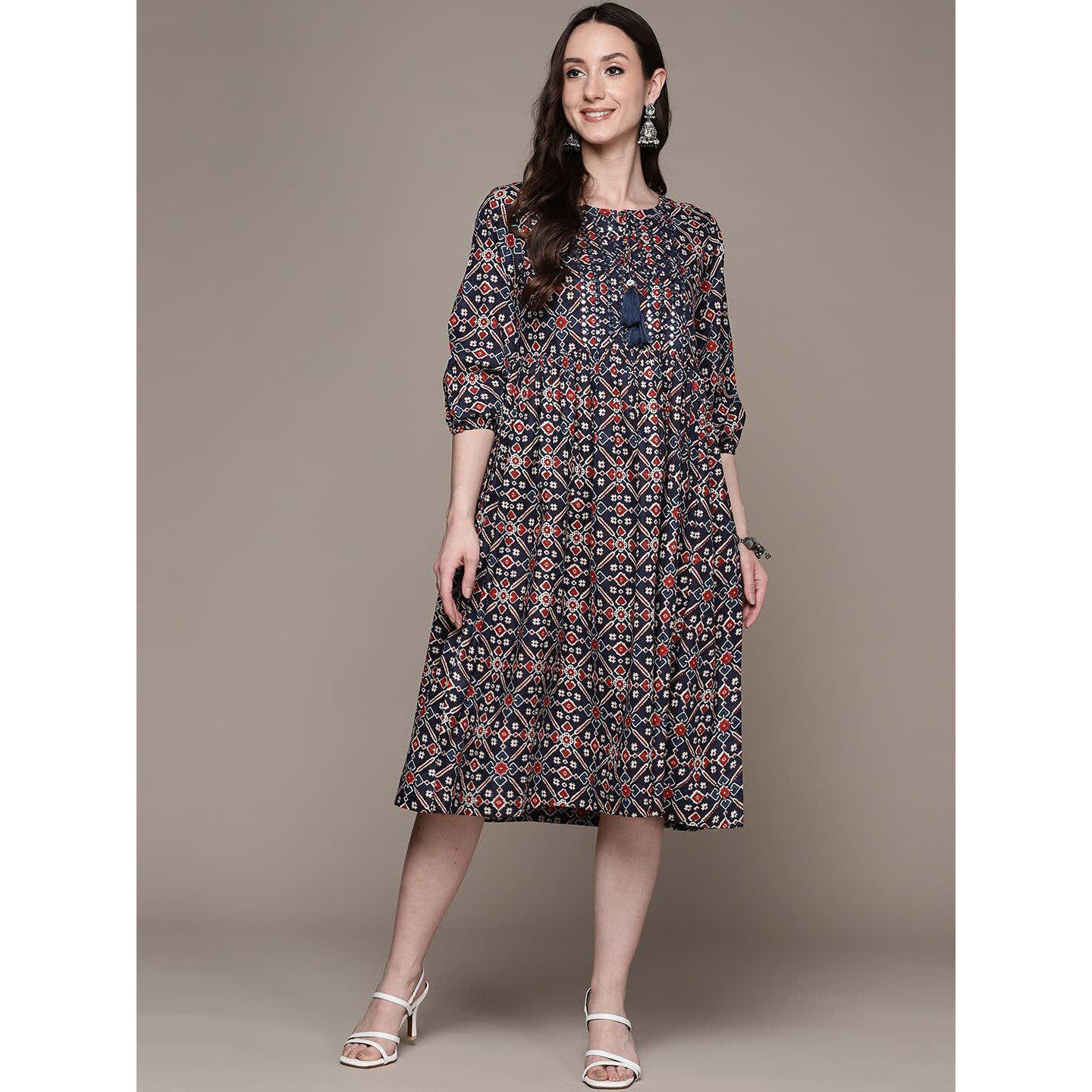 Anubhutee Women's Cotton A-Line Knee-Length Casual Dress (Abwkas23365_Bk_M_Navy Blue
