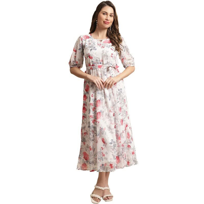 Preneum Women's Maxi Fit & Flare Print Georgette Regular Sleeves Casual |Summer |Latest Style |Festival & Occasion Maxi Gown(Maxi-N-26_S) Bright White