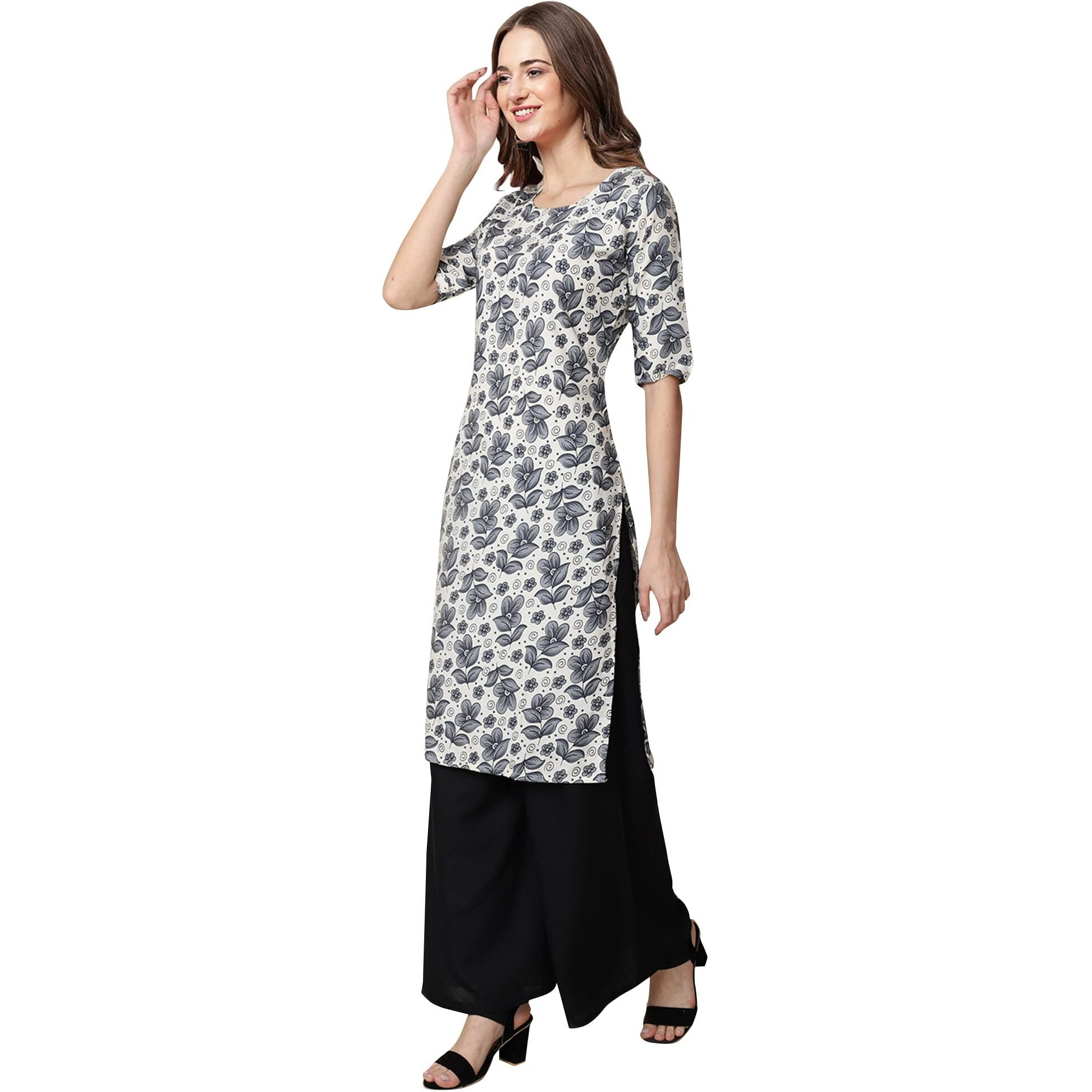 Pinkmint Women's Crepe Grey Color Floral Printed Straight Kurti[Nb-530357-Xl]