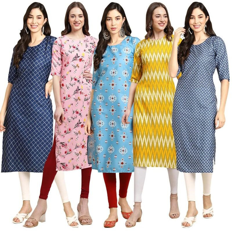 Pinkmint Elegant Printed Crepe Kurti's For Women's (Pack Of 5)