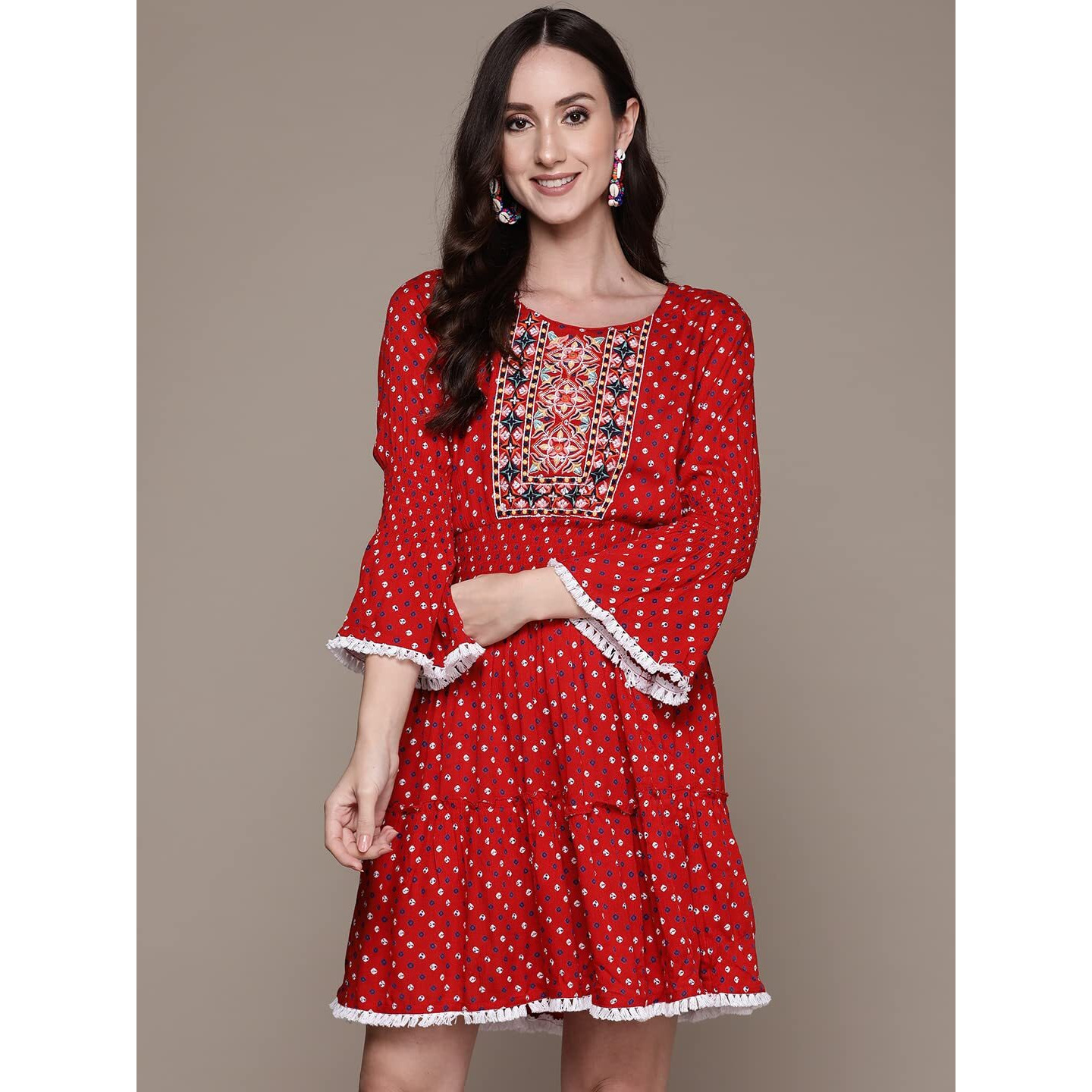 Anubhutee Women's Georgette Red Bandhani Work Embroidered A-Line Indo Western Dress