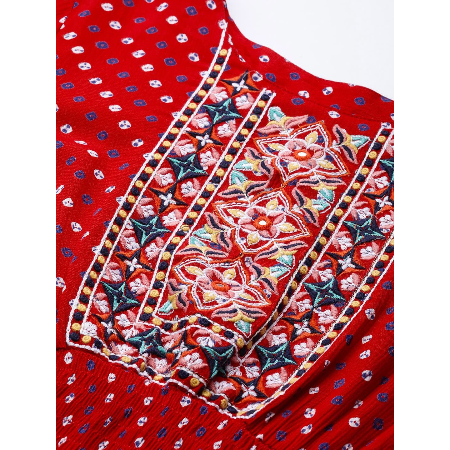 Anubhutee Women's Georgette Red Bandhani Work Embroidered A-Line Indo Western Dress