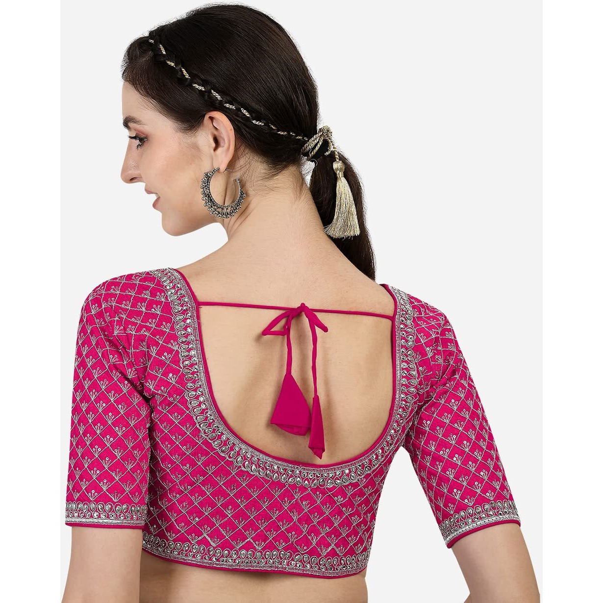 Pujia Mills Women's Heavy Silver Jari Thread Readymade Blouse For Saree Lehenga (Rani, 32)