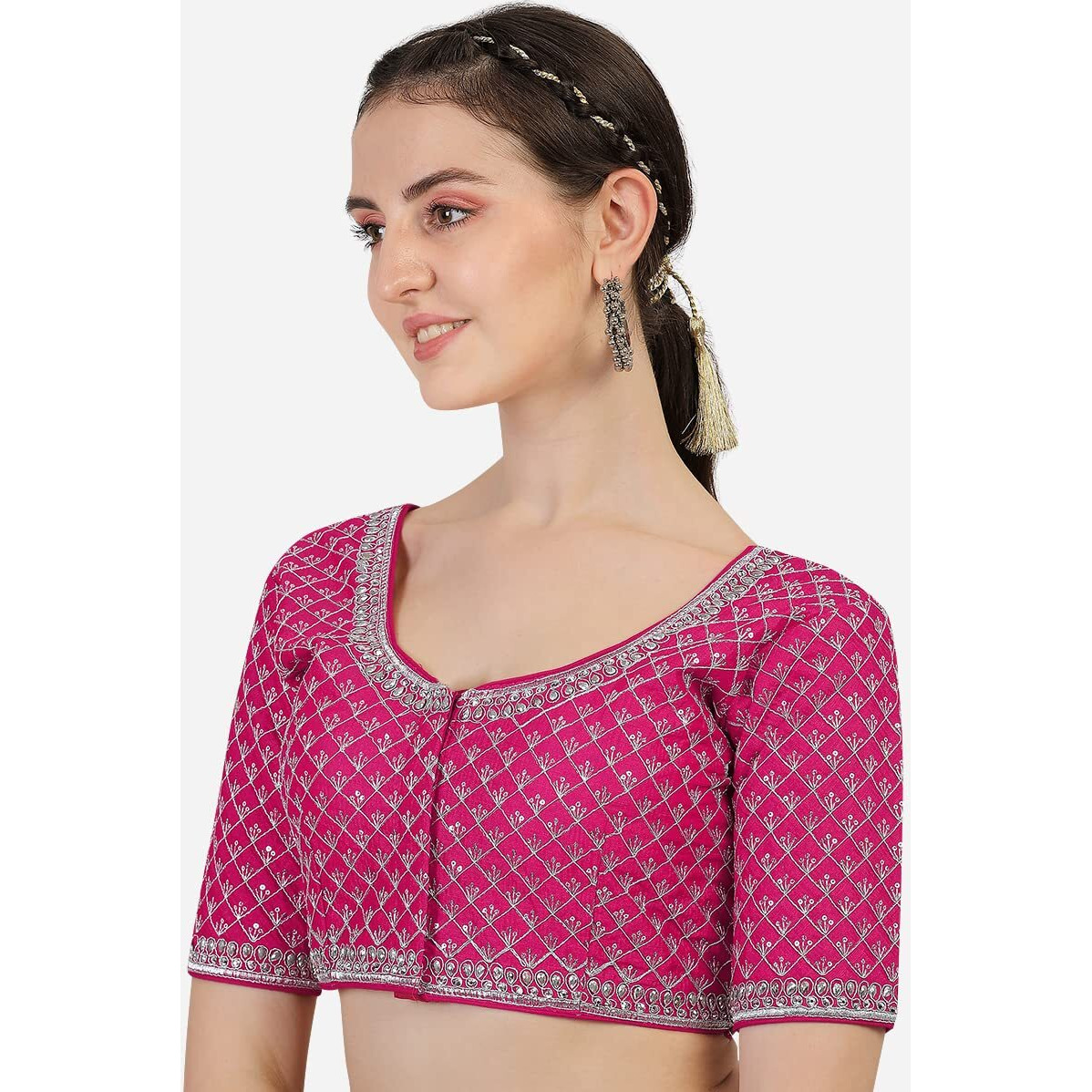 Pujia Mills Women's Heavy Silver Jari Thread Readymade Blouse For Saree Lehenga (Rani, 32)