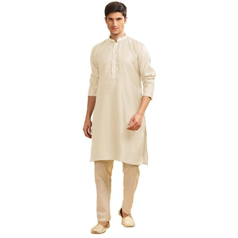 Be Active Men's Traditional Self Design Pattern Full Sleeves Kurta || Cotton Kurta For Men || Men Kurta For Wedding || Kurta For Men (My0010 1 S/38) Cream