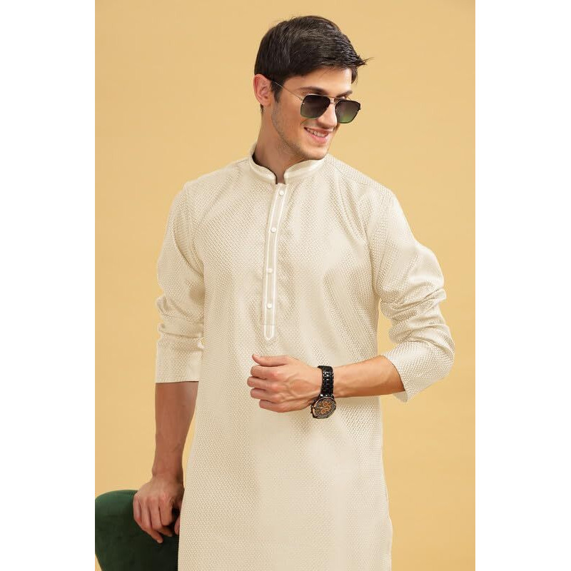 Be Active Men's Traditional Self Design Pattern Full Sleeves Kurta || Cotton Kurta For Men || Men Kurta For Wedding || Kurta For Men (My0010 1 S/38) Cream