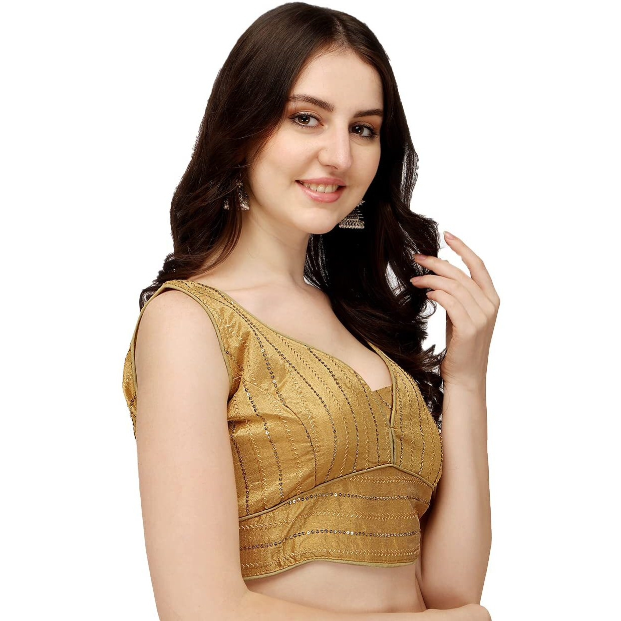 Pujia Mills Women's Silk Sequin Sleeveless Blouse (Batik Sequin Blouse_Gold_38)