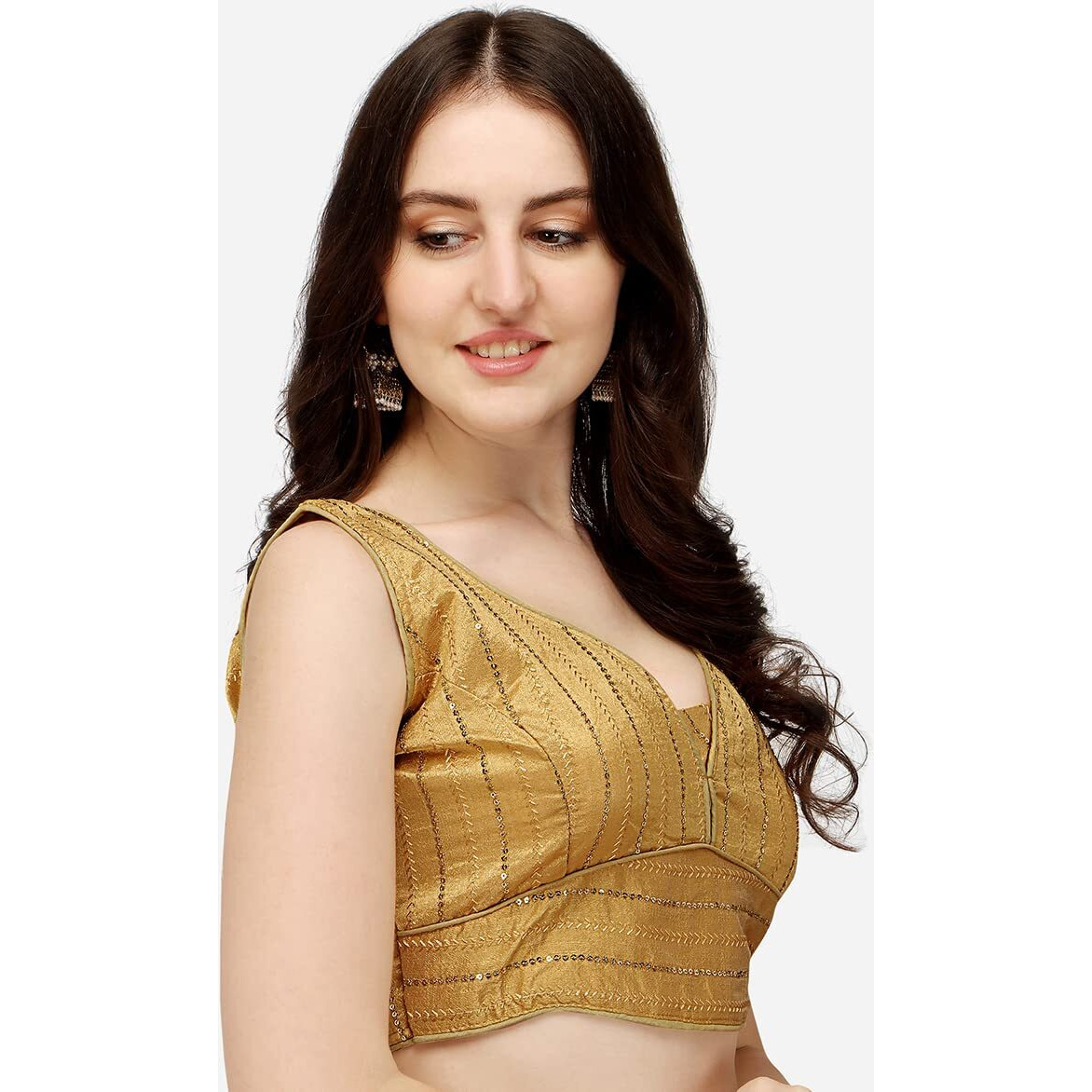 Pujia Mills Women's Silk Sequin Sleeveless Blouse (Batik Sequin Blouse_Gold_38)