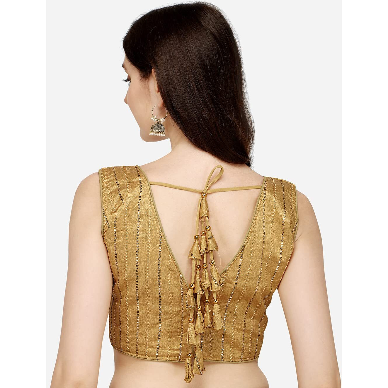 Pujia Mills Women's Silk Sequin Sleeveless Blouse (Batik Sequin Blouse_Gold_38)