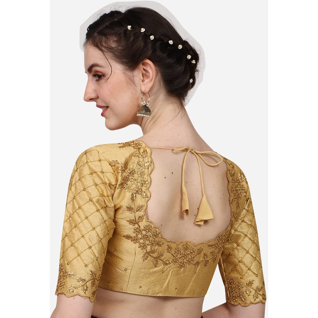 Pujia Mills Women's Embroidery Handwork, Rough Cut Work Stone Work Readymade Blouse (34, Gold)