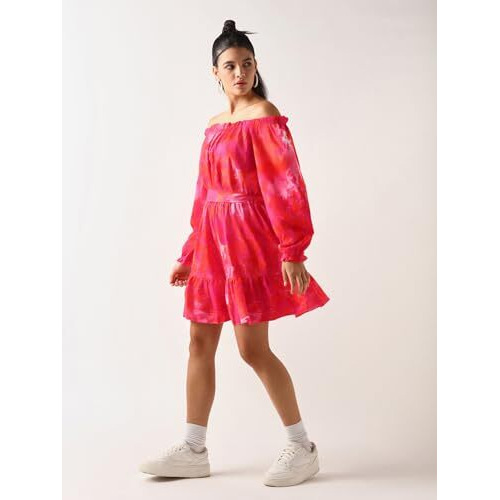 Bewakoof Women's All Over Printed Regular Fit Full Sleeve Off Shoulder Pure Satin Dress_645120_Orange_L