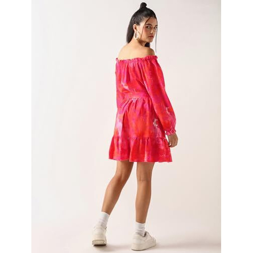 Bewakoof Women's All Over Printed Regular Fit Full Sleeve Off Shoulder Pure Satin Dress_645120_Orange_L
