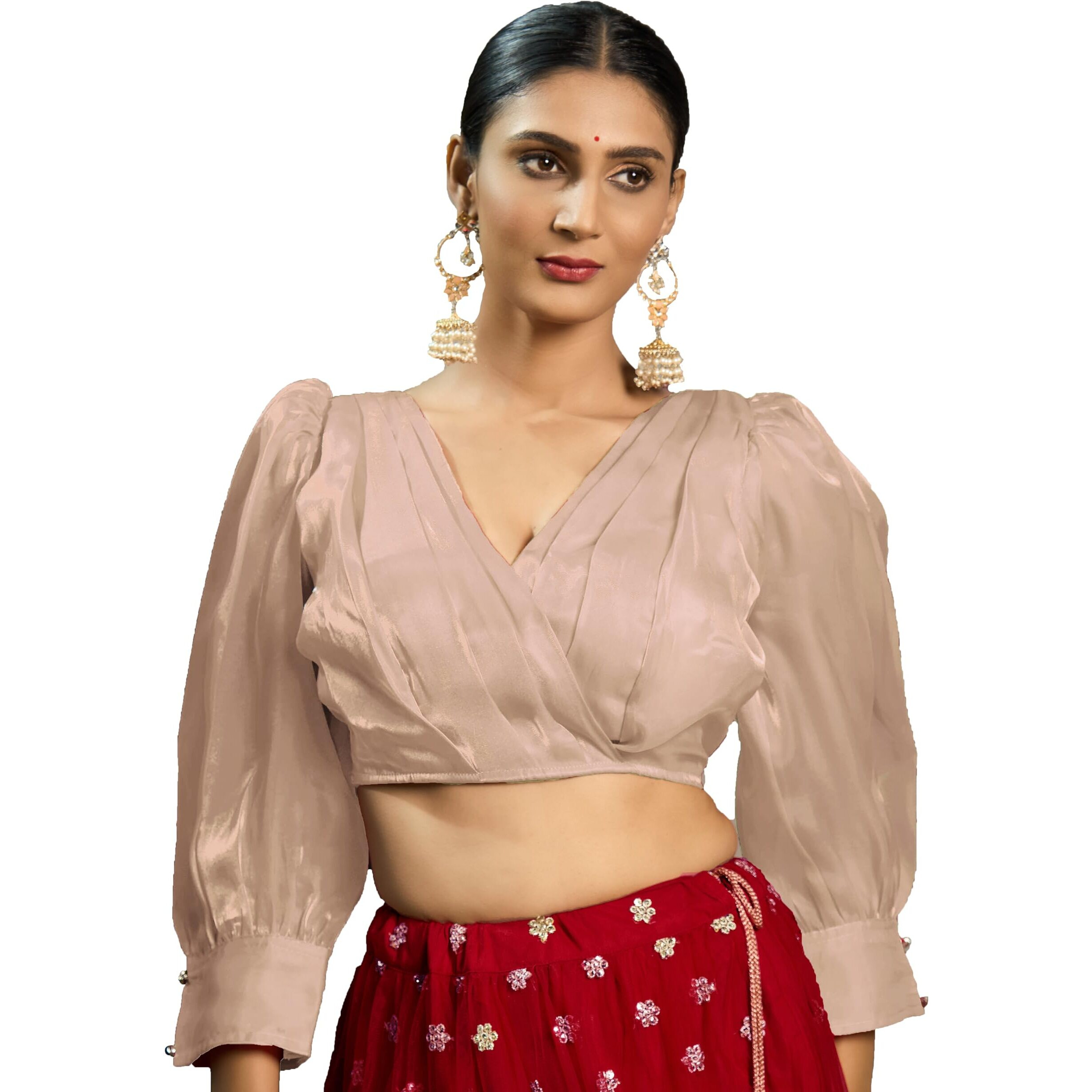 Pujia Mills Women's Rafale Silk Full Balloon Sleeve V Neck Blouse(Gangu) (Cream, 38)