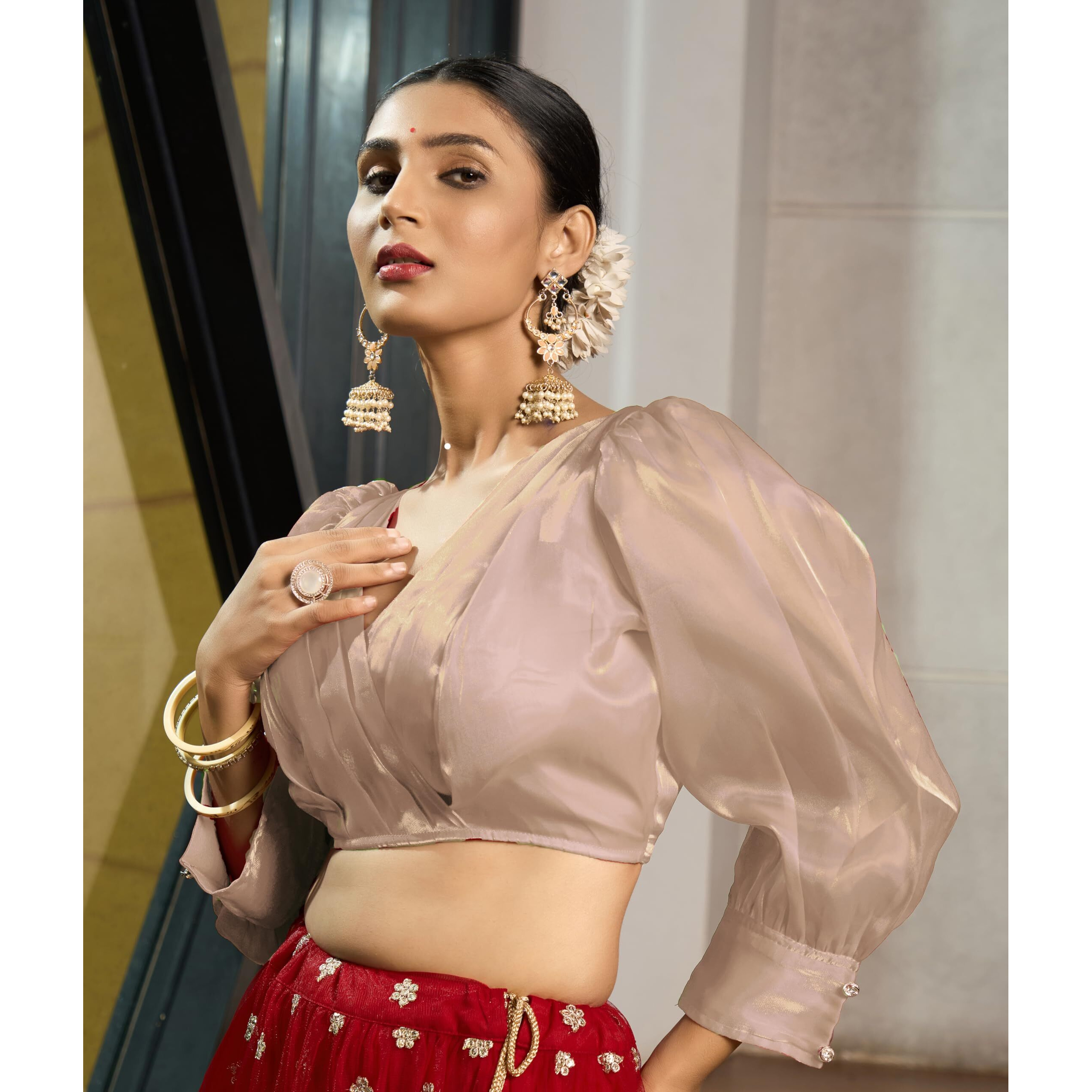 Pujia Mills Women's Rafale Silk Full Balloon Sleeve V Neck Blouse(Gangu) (Cream, 38)