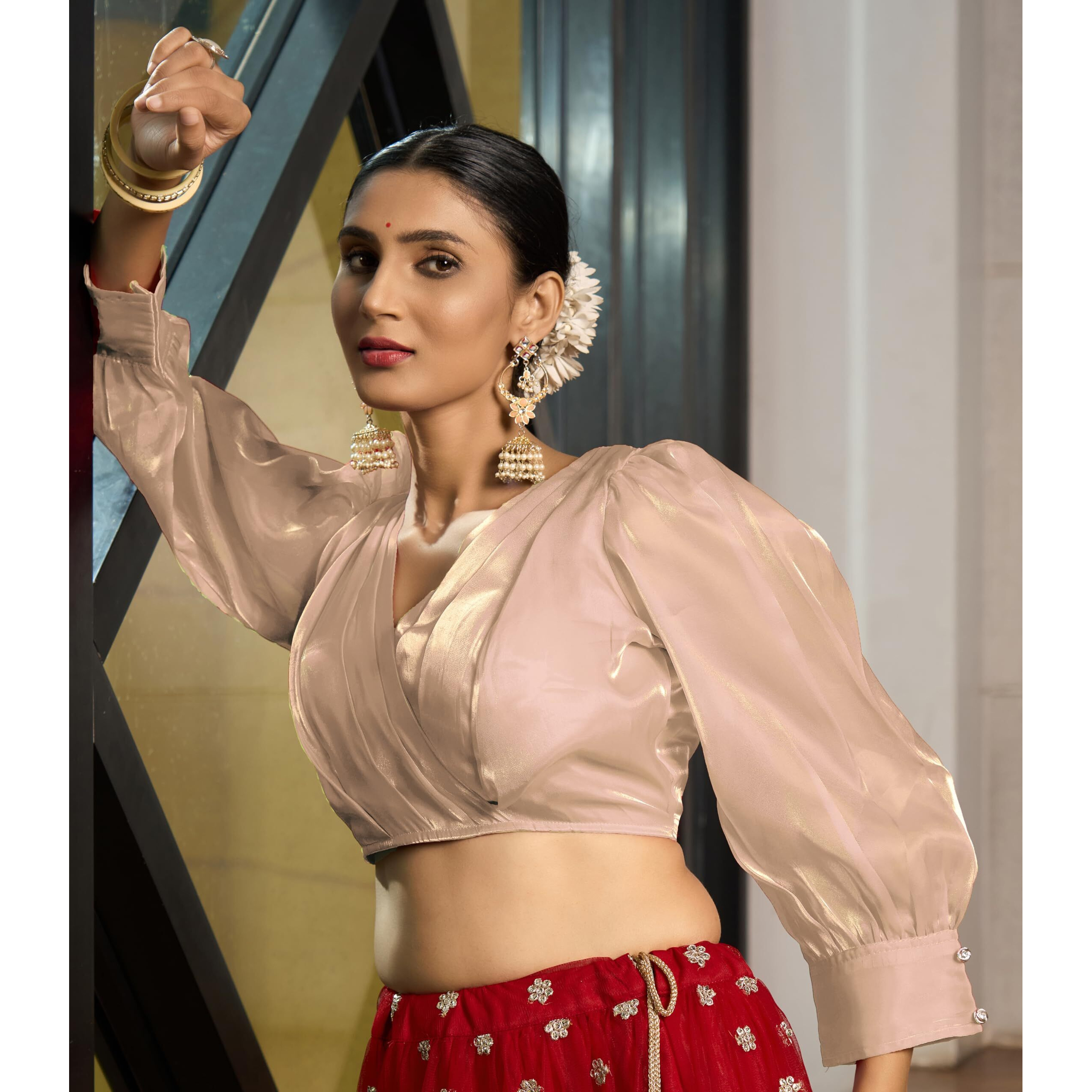 Pujia Mills Women's Rafale Silk Full Balloon Sleeve V Neck Blouse(Gangu) (Cream, 38)