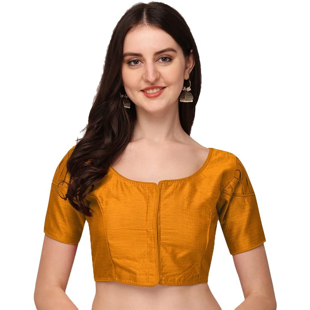 Pujia Mills Women's Silk Puff Sleeve Readymade Saree Blouse (Puffy_Yellow_38)