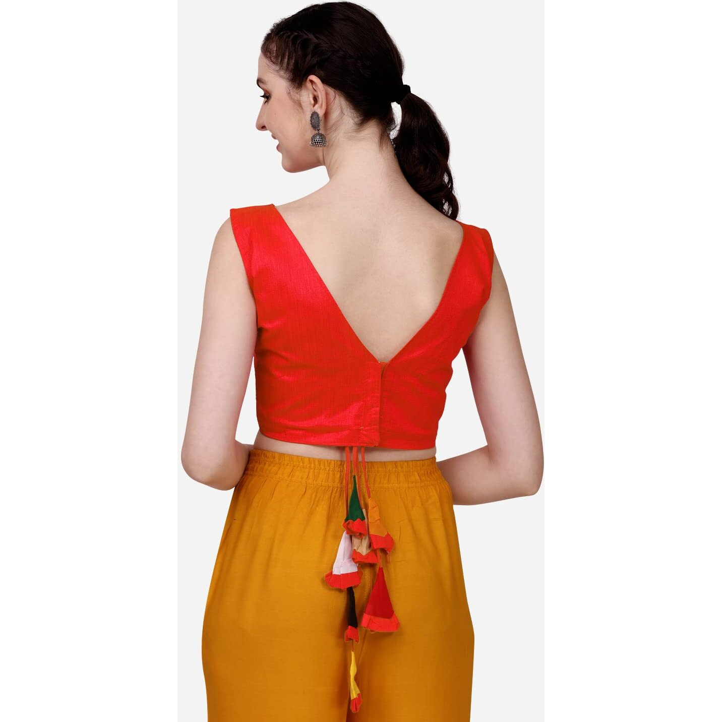 Pujia Mills Women's Phantom Silk Sleeveless Saree Blouse (Dark Red)