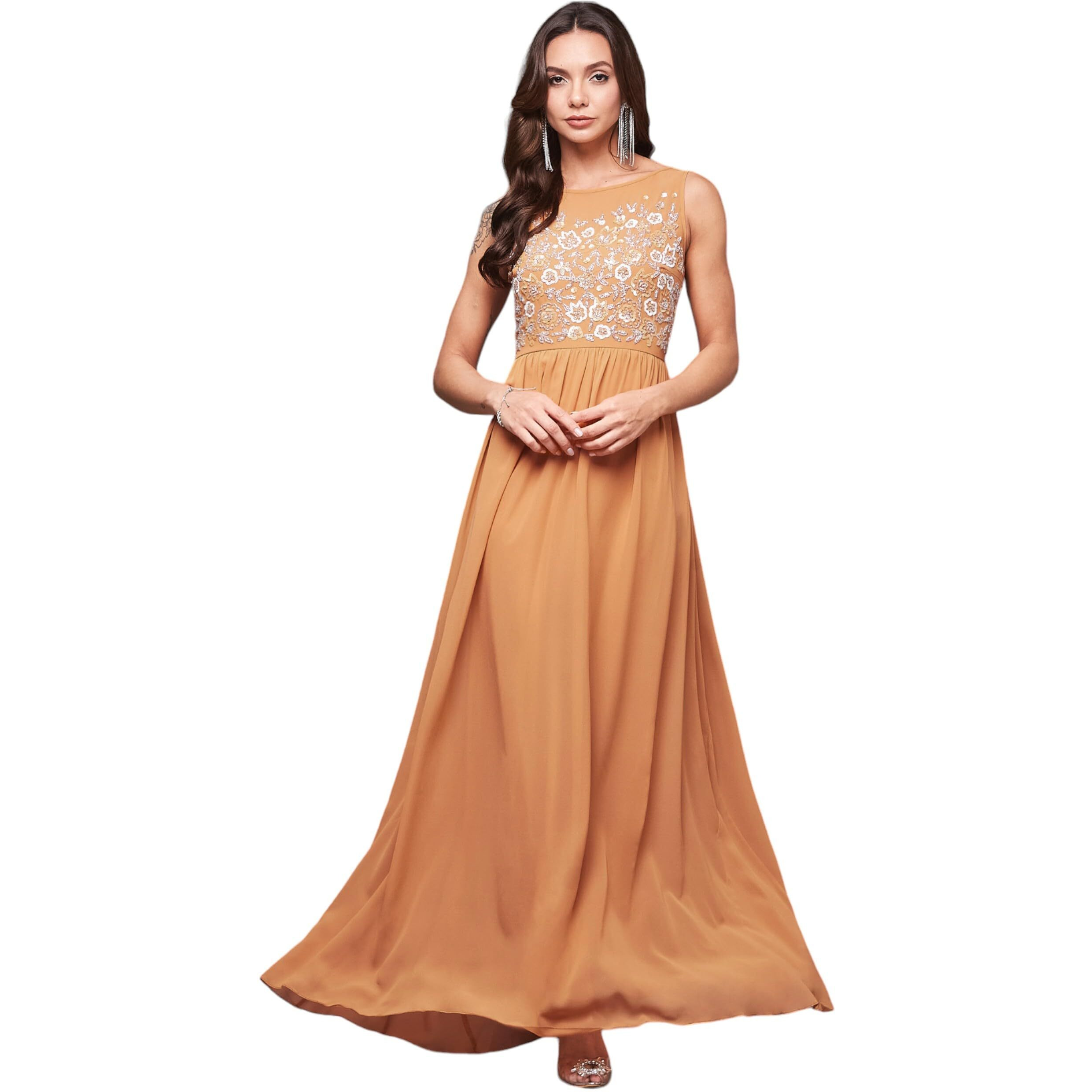 Miss Chase Women's Boat Neck Sleeveless Embroidered Georgette Maxi Dress (Plus Size) (Mcaw19D08-45-284-06, Dusty Orange, Xl)