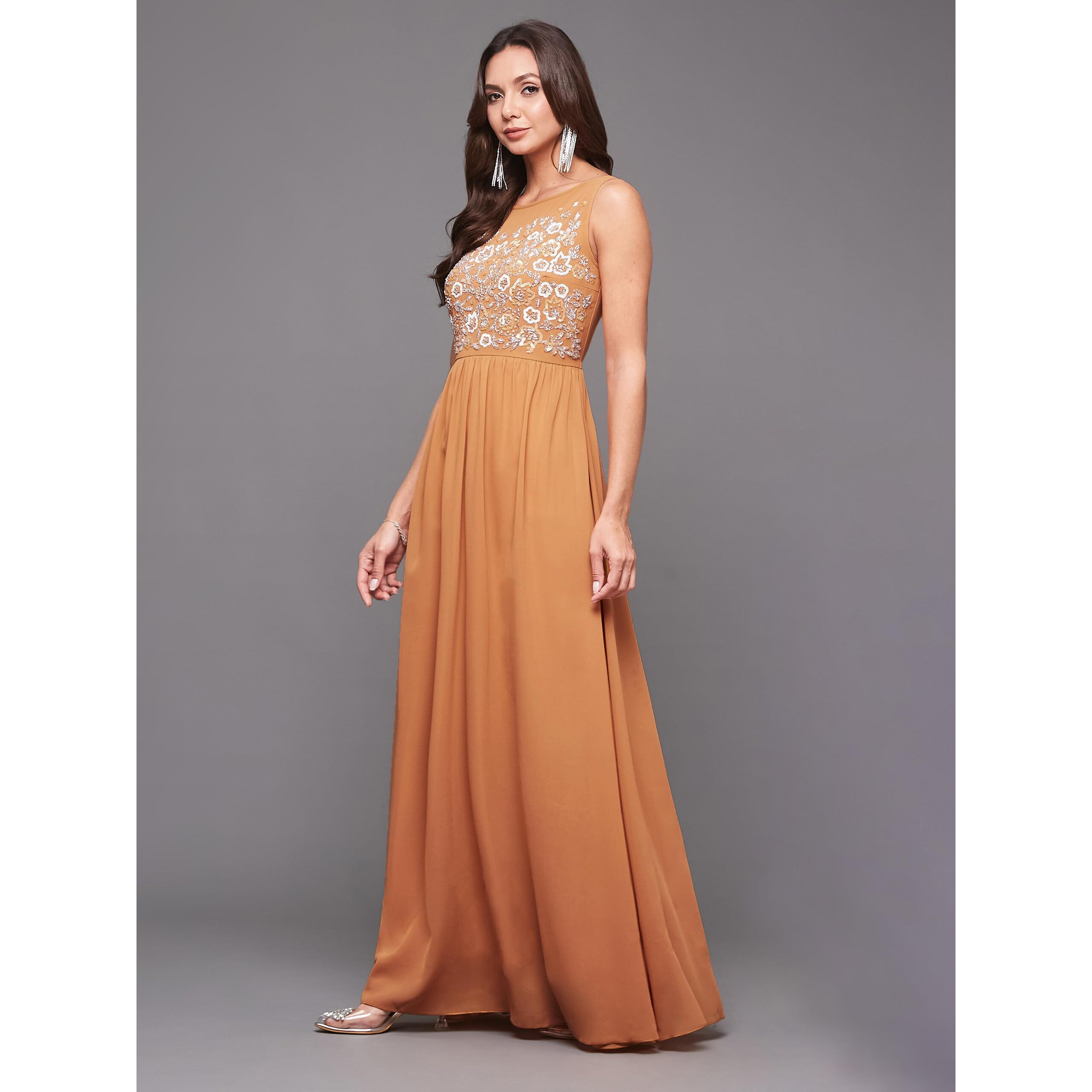 Miss Chase Women's Boat Neck Sleeveless Embroidered Georgette Maxi Dress (Plus Size) (Mcaw19D08-45-284-06, Dusty Orange, Xl)