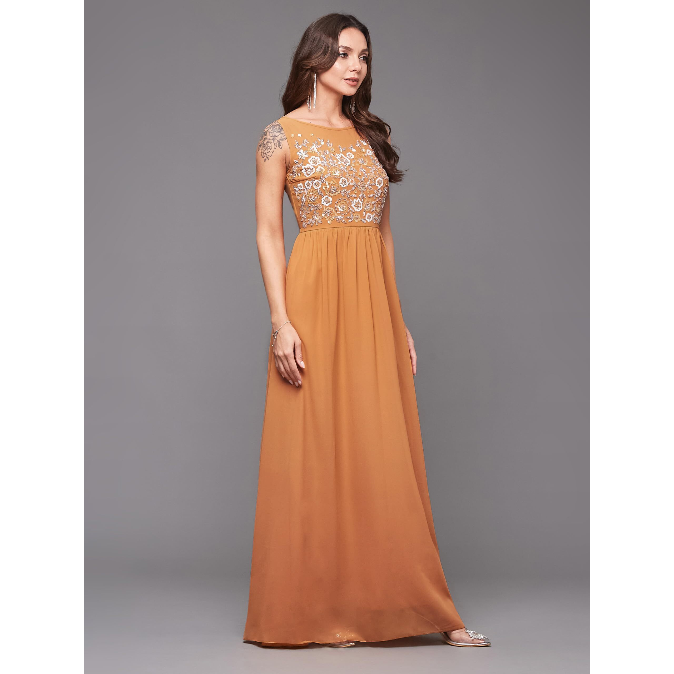 Miss Chase Women's Boat Neck Sleeveless Embroidered Georgette Maxi Dress (Plus Size) (Mcaw19D08-45-284-06, Dusty Orange, Xl)