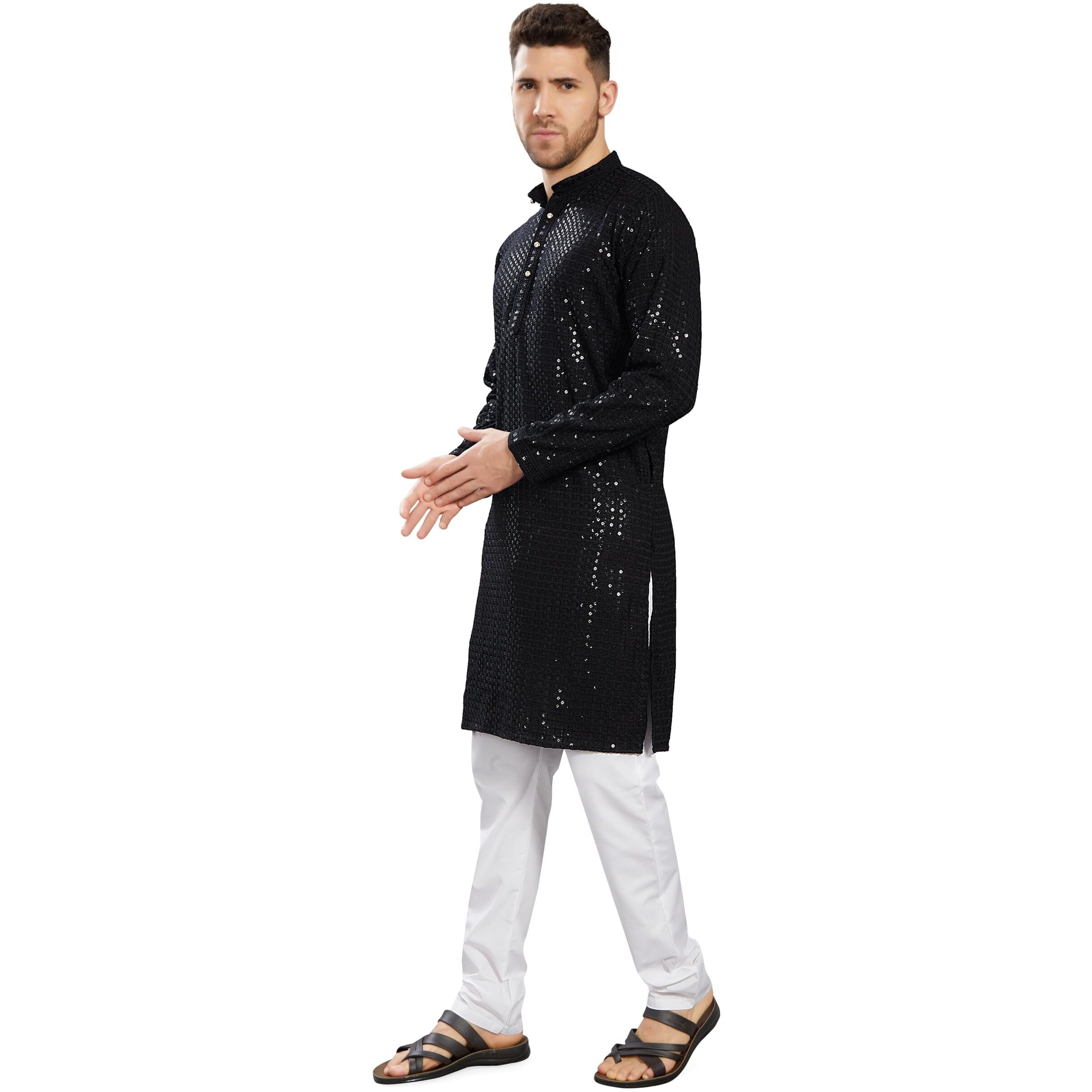 Divisive Men's Sequince Embroidered Cotton Blend Only Slim Fit Kurta (Dkrt745_Xxl_Black)