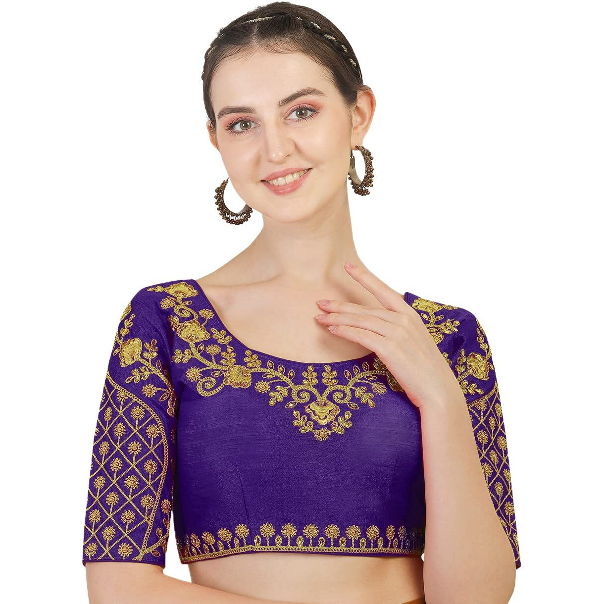Pujia Mills Women's Embroidery Handwork Thread Zari Stone Work Readymade Blouse (36, 2 Shade Purple)