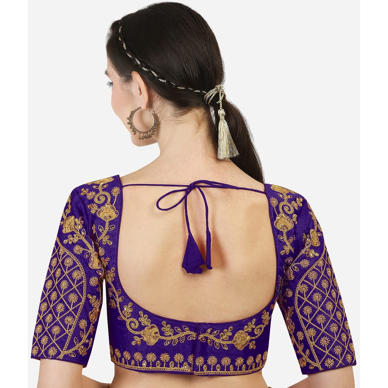 Pujia Mills Women's Embroidery Handwork Thread Zari Stone Work Readymade Blouse (36, 2 Shade Purple)