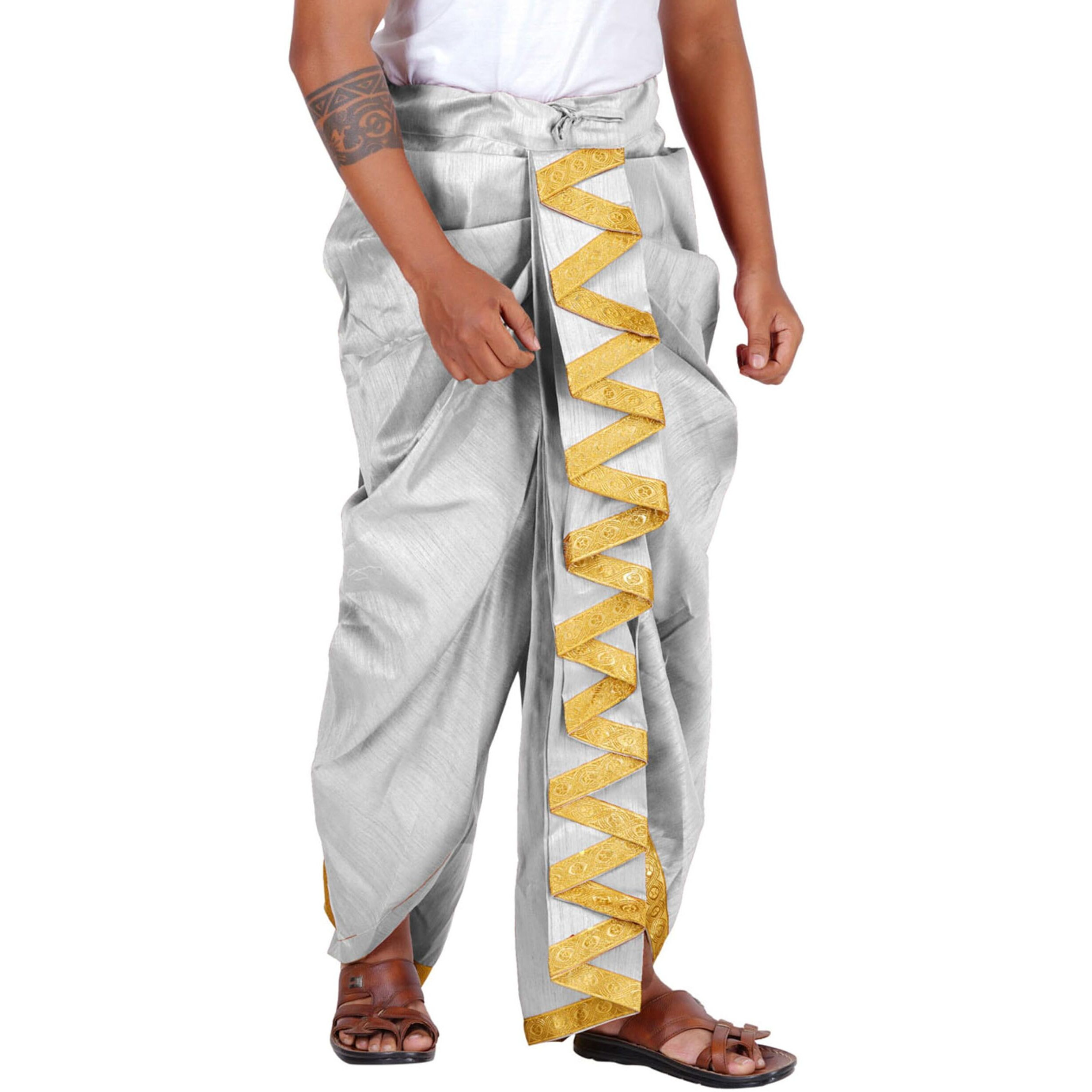 Prakasam Cotton Men's Colour Ready Dhoti With Zig Zag Self Design Border