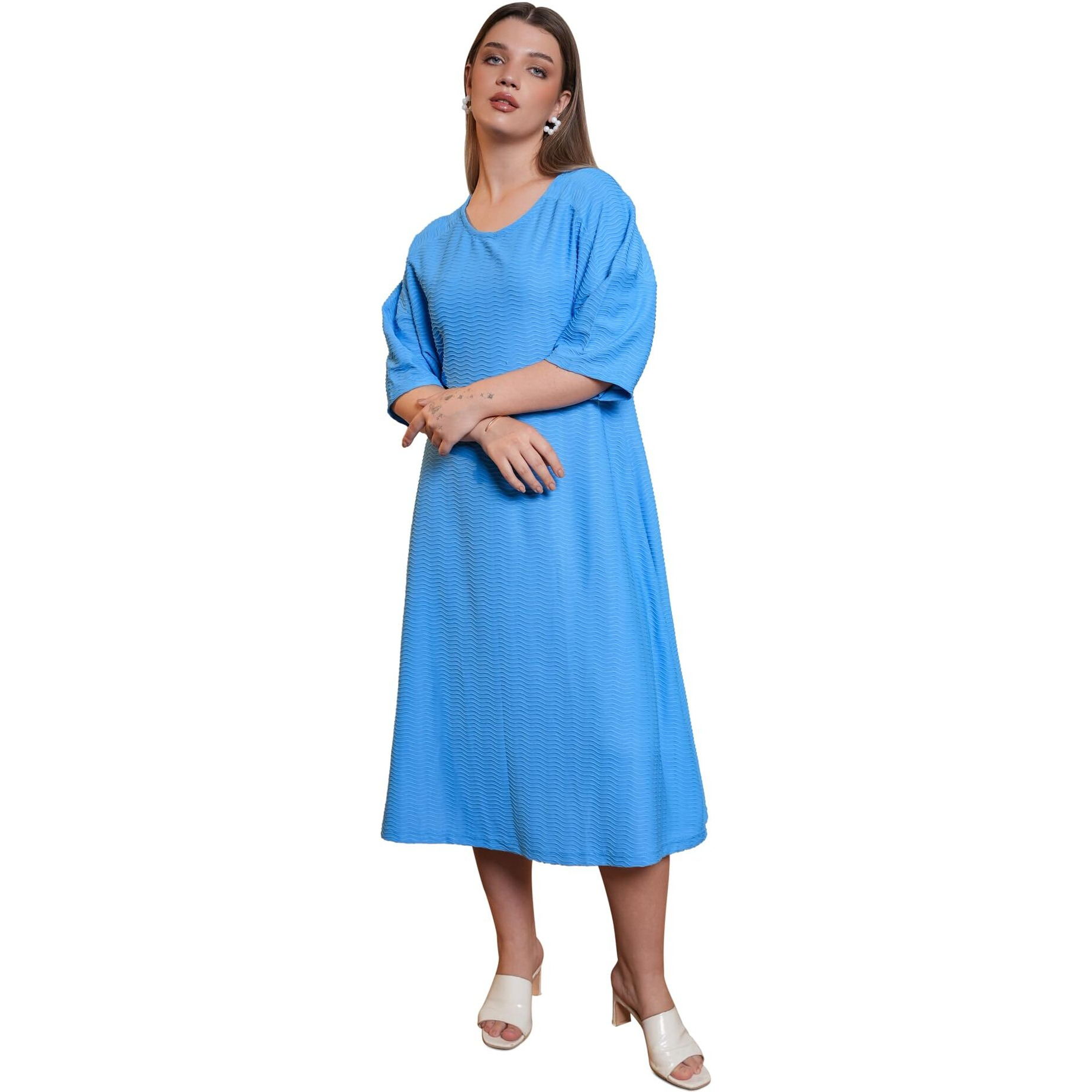 Purvaja Womens A-Line Midi Length Dress (Yuvi-041-Blue_Blue_Xx-Large)