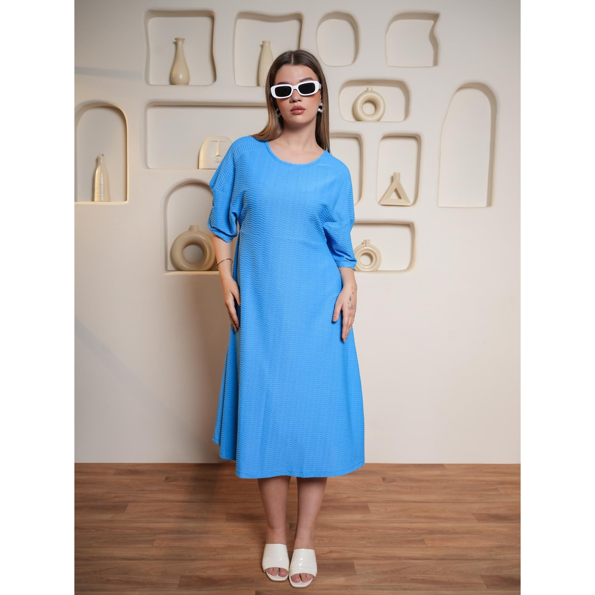 Purvaja Womens A-Line Midi Length Dress (Yuvi-041-Blue_Blue_Xx-Large)