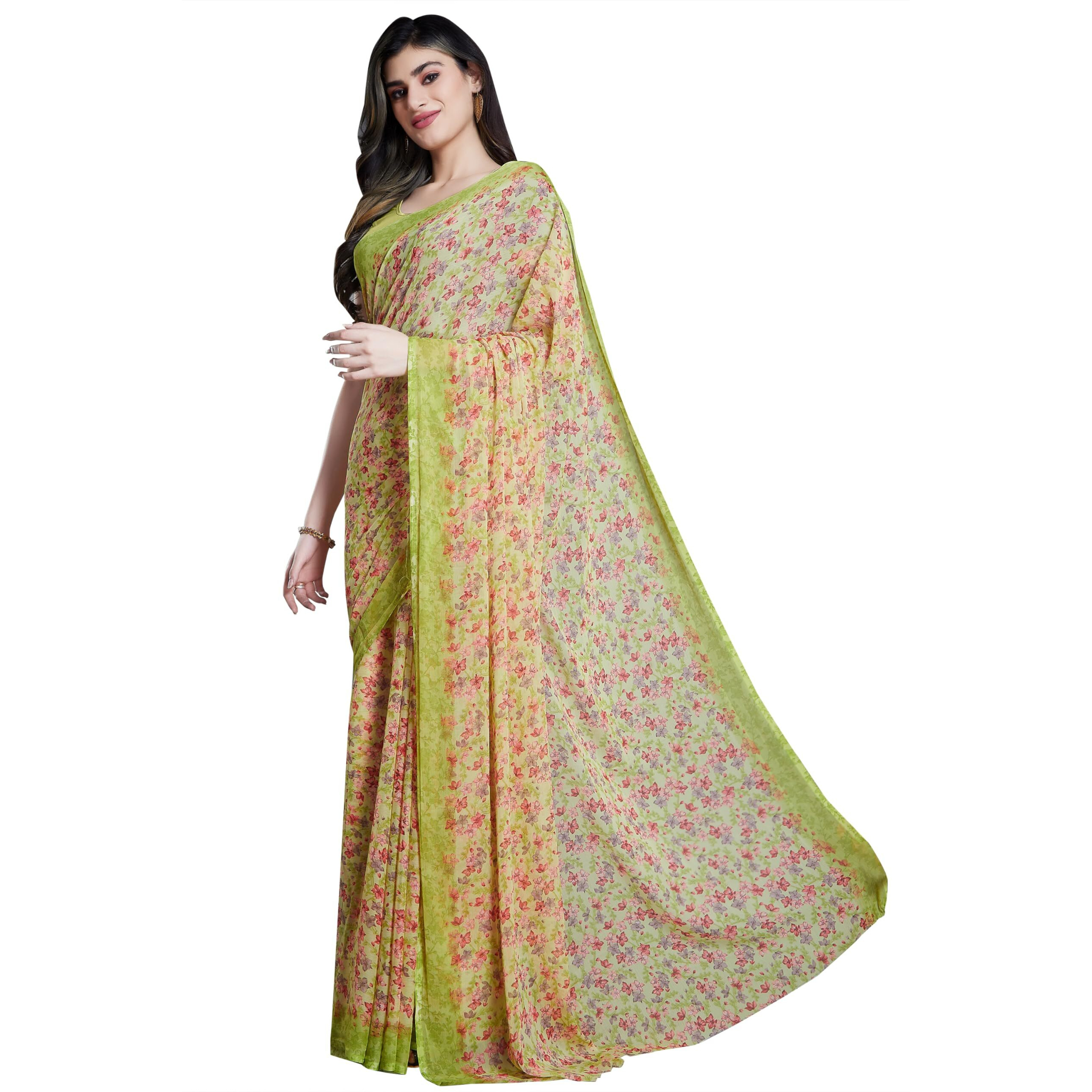 Rani Saahiba Women's Printed Chiffon Saree Without Blouse (Skr11742_Parrot Green)