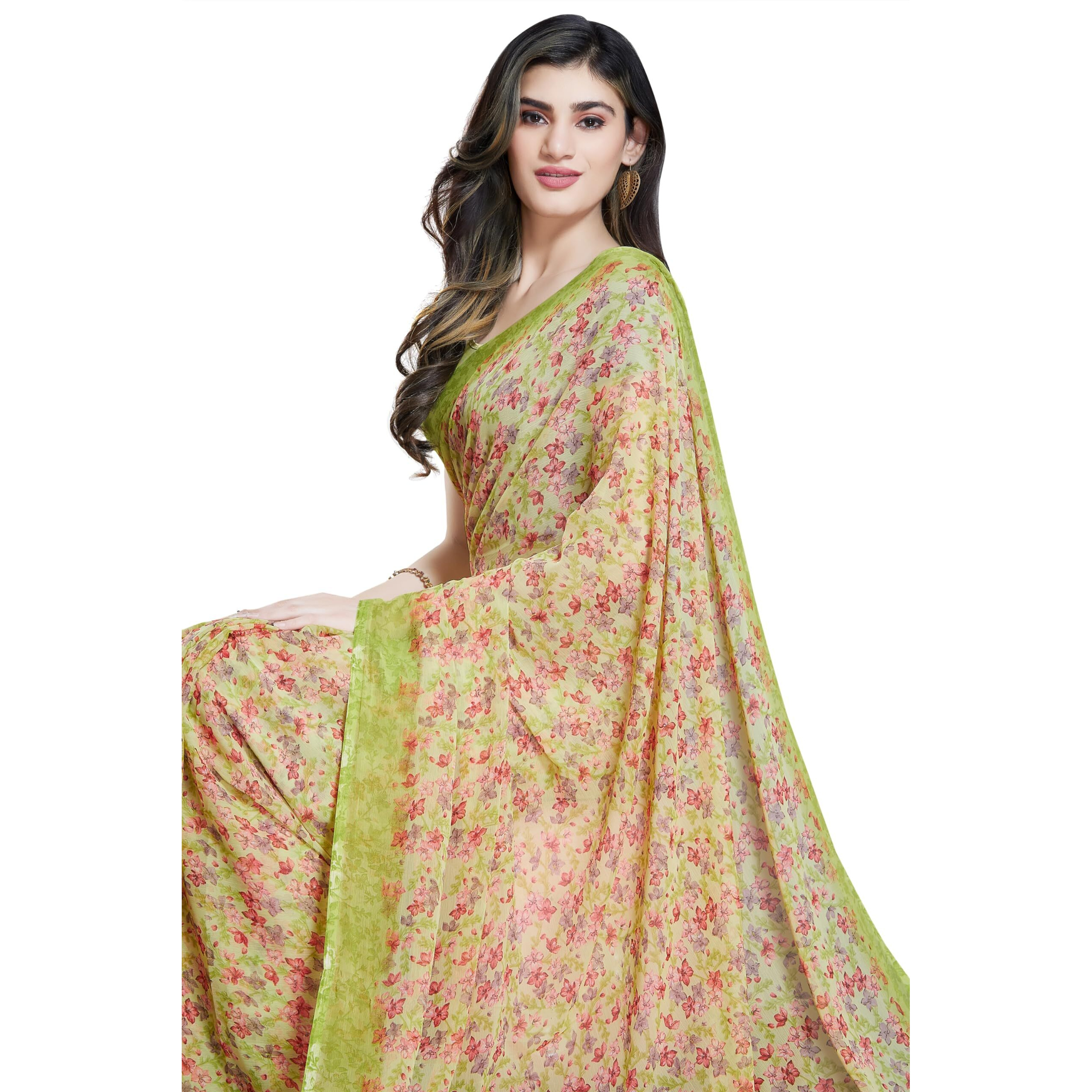 Rani Saahiba Women's Printed Chiffon Saree Without Blouse (Skr11742_Parrot Green)