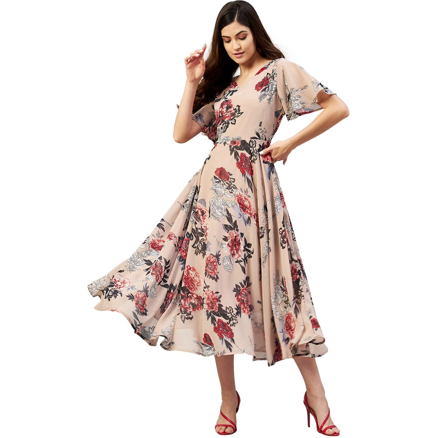 Rare Women Casual Nude Colour Calf Length Fit And Flare Floral Dress, Xl