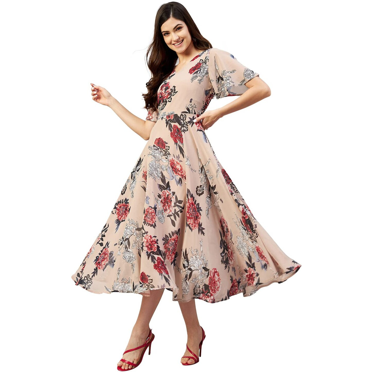 Rare Women Casual Nude Colour Calf Length Fit And Flare Floral Dress, Xl