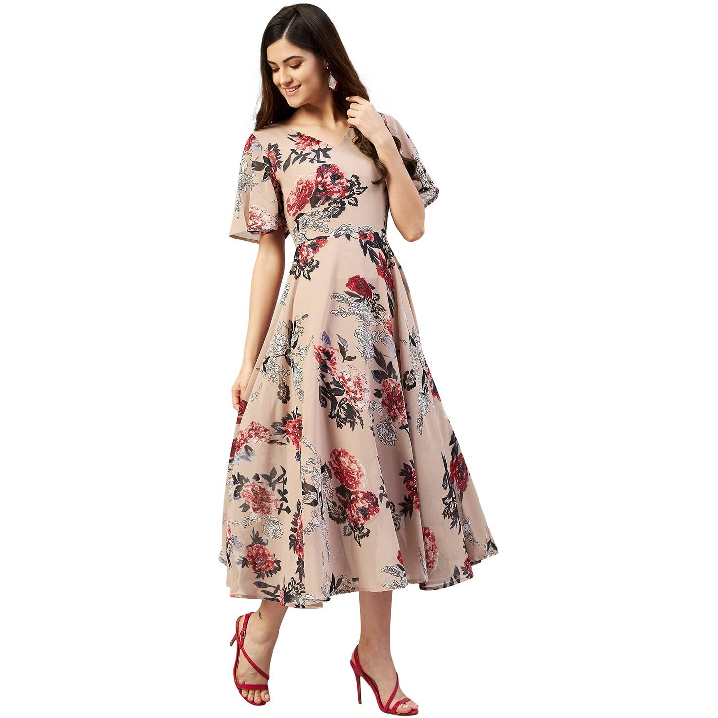 Rare Women Casual Nude Colour Calf Length Fit And Flare Floral Dress, Xl
