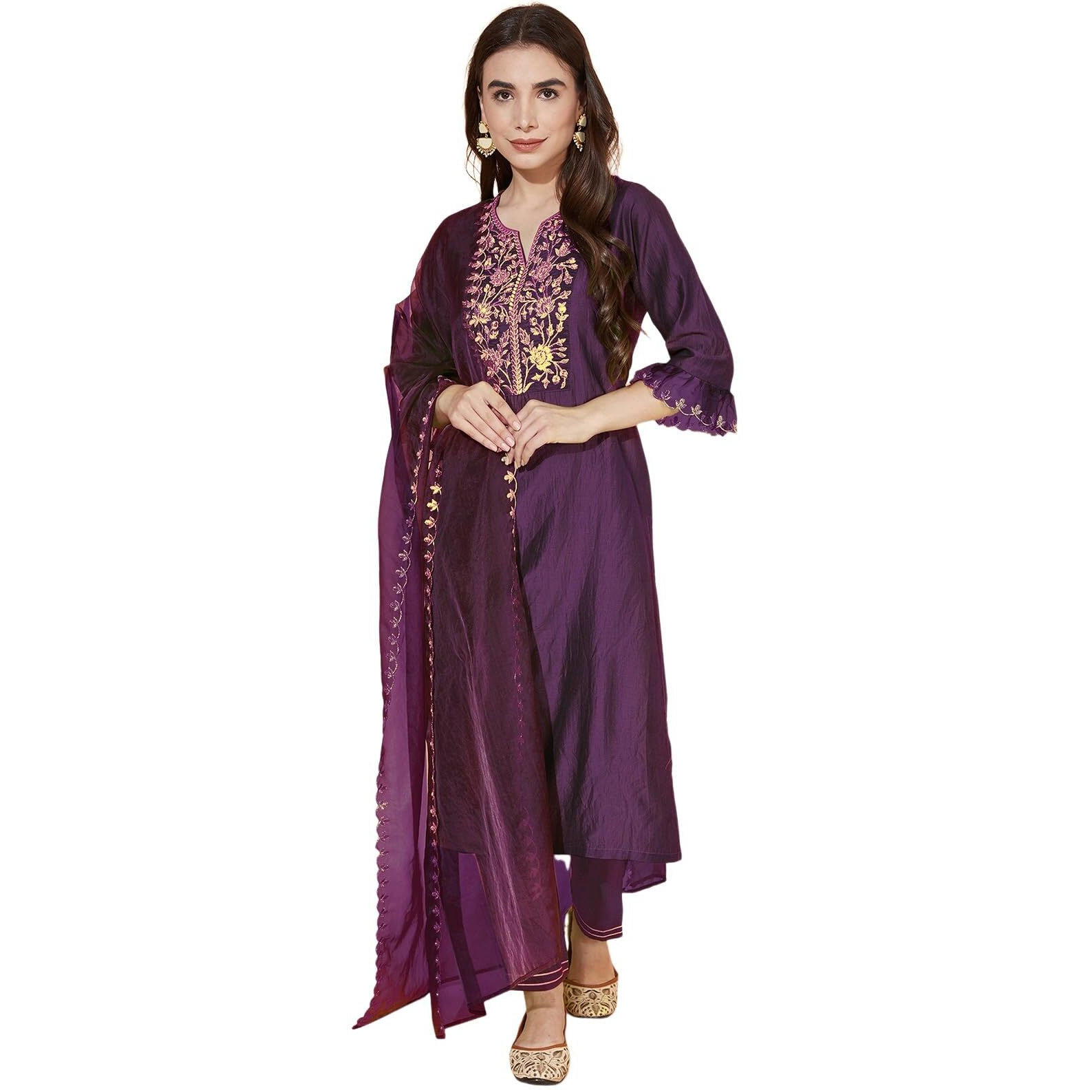 Sanisa Women's Chinnon Silk & Organza Sequence And Embroidery Work Straight Kurta With Pant And Dupatta Set (38Kbd476Nb-S_Wine)