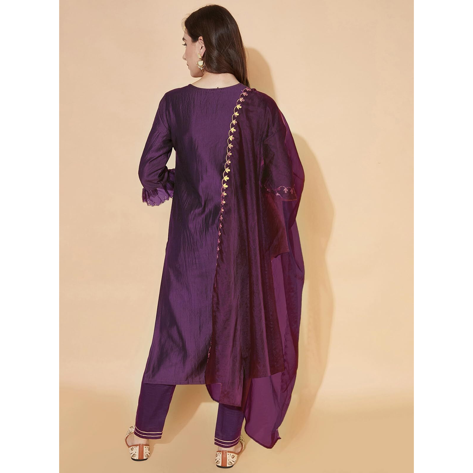 Sanisa Women's Chinnon Silk & Organza Sequence And Embroidery Work Straight Kurta With Pant And Dupatta Set (38Kbd476Nb-S_Wine)