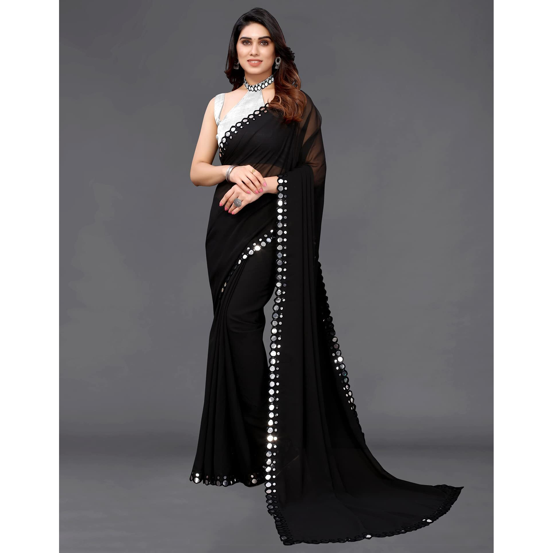 Satrani Women's Dyed Georgette Saree With Unstitched Blouse Piece (2842S724N_Black)
