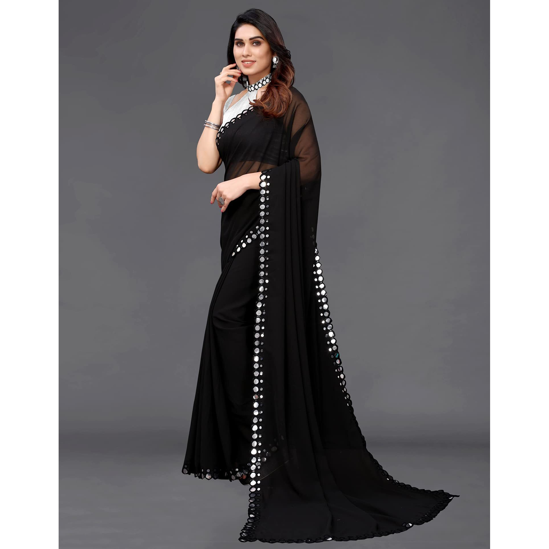 Satrani Women's Dyed Georgette Saree With Unstitched Blouse Piece (2842S724N_Black)