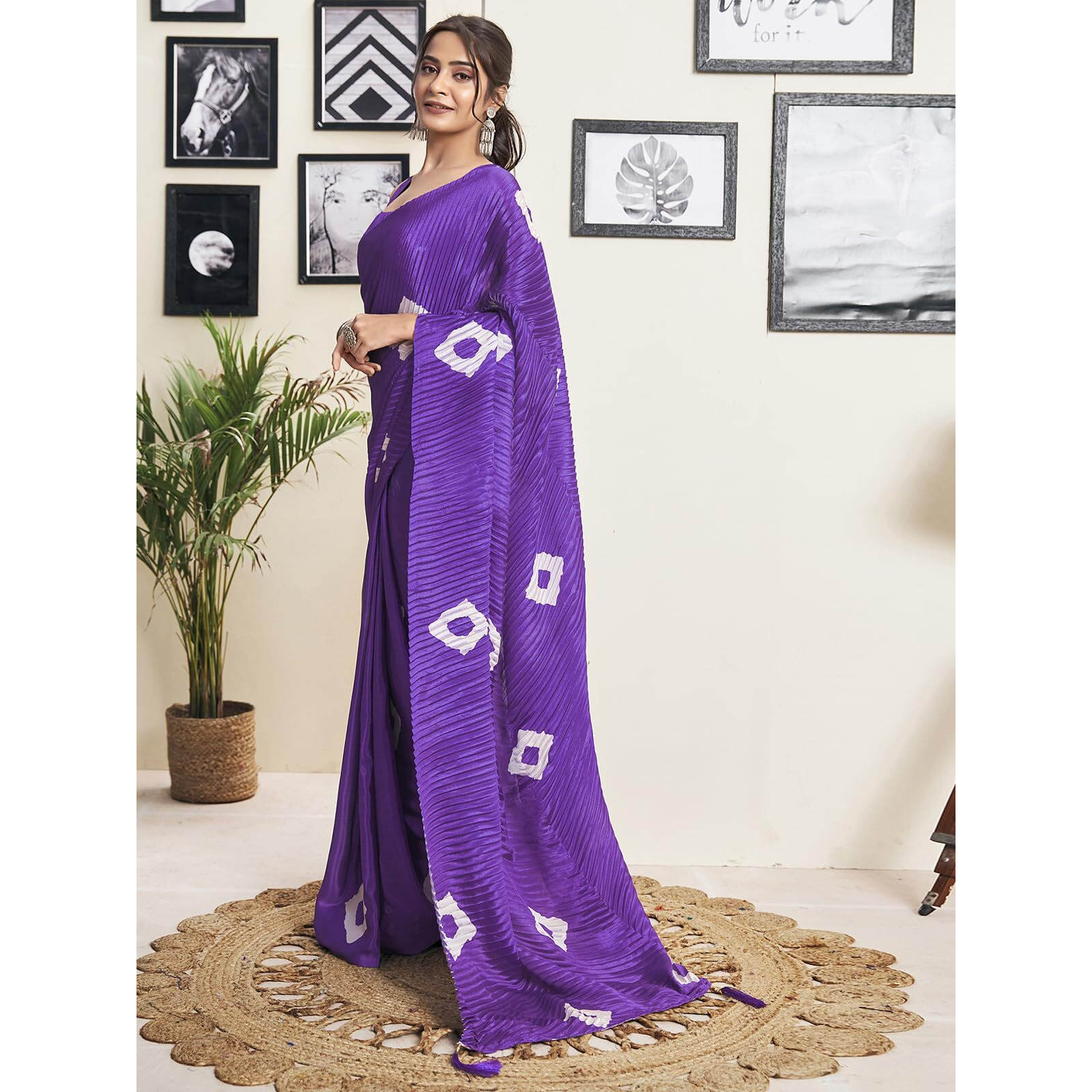 Satrani Women's Dola Silk Bandhani Printed Pleated Ready To Wear Saree With Unstitched Blouse Piece (18Rs159N_Violet)